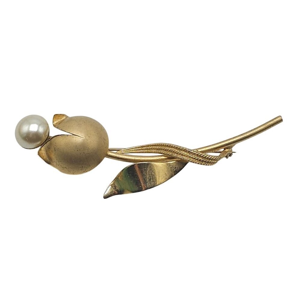 Vintage Large Gold Tone Flower Brooch Pin With Faux Pearl Accent